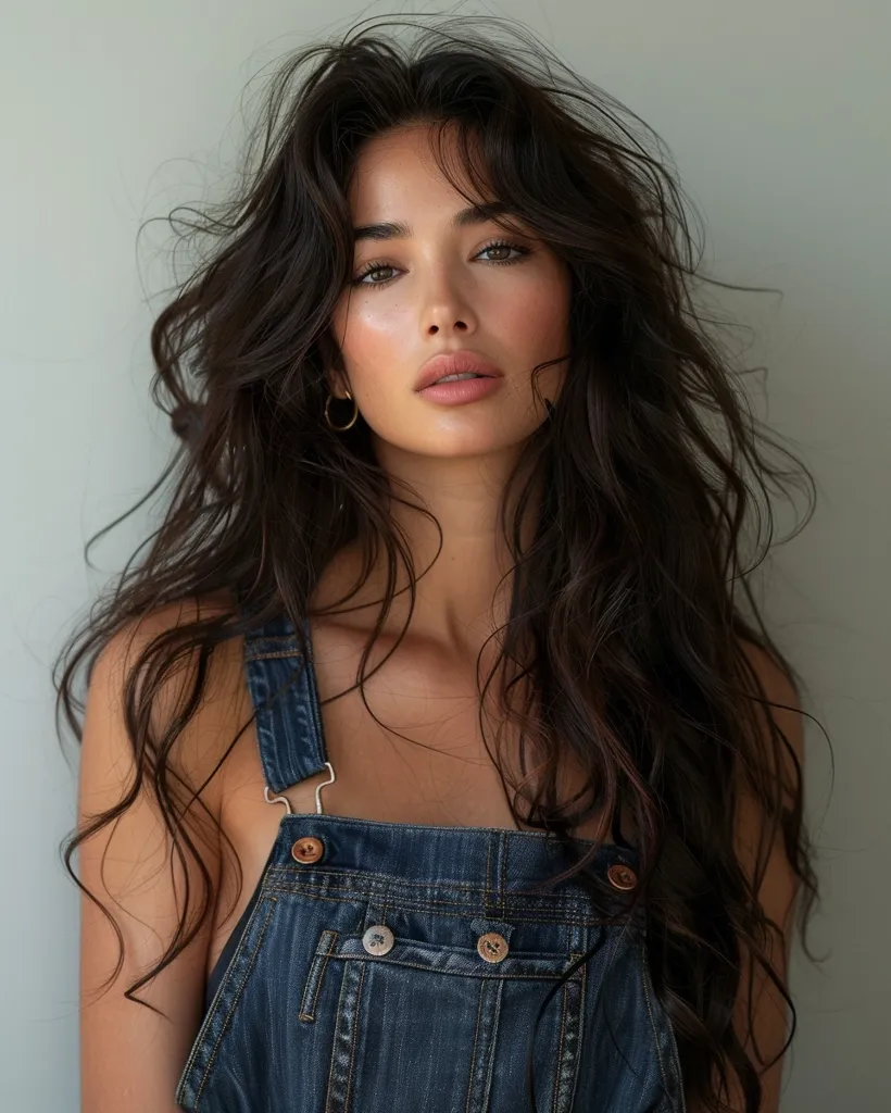 The image shows a young woman with long, dark, wavy hair. She is wearing a denim overall dress and has a natural makeup look with light pink lips. The woman has a serious expression and is looking directly at the camera. The background is a simple, light gray wall. The woman's hair is framing her face and her features are soft and feminine. She has a casual, effortless style. The lighting is soft and flattering, highlighting her skin and eyes. The overall image conveys a sense of beauty, confidence, and simplicity.