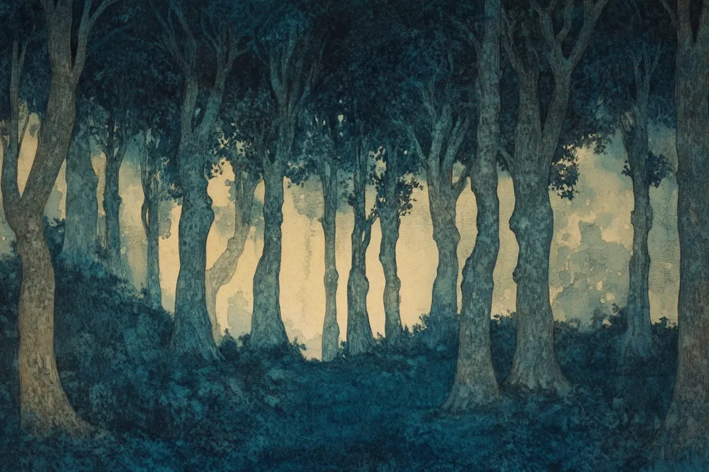 A woodsy scene with tall trees and a misty background. The image is rendered in blue and green tones, giving it a dreamlike quality.  The trees are tall and slender, their bark textured and their leaves obscured by the mist. The forest floor is covered in a blanket of soft, green moss. The overall feeling is one of peace and tranquility.