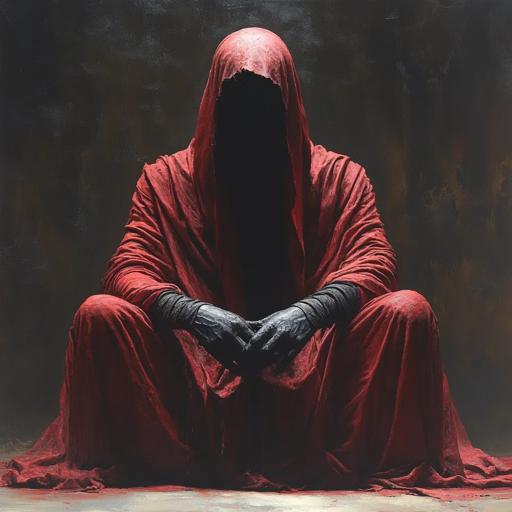 A cloaked figure sits with their face obscured in shadow. They are dressed in a long, flowing red robe that envelops their entire body. The figure's hands are clasped together in their lap, giving the impression of stillness and mystery. The background is a dark, textured wall, adding to the sense of intrigue and suspense.