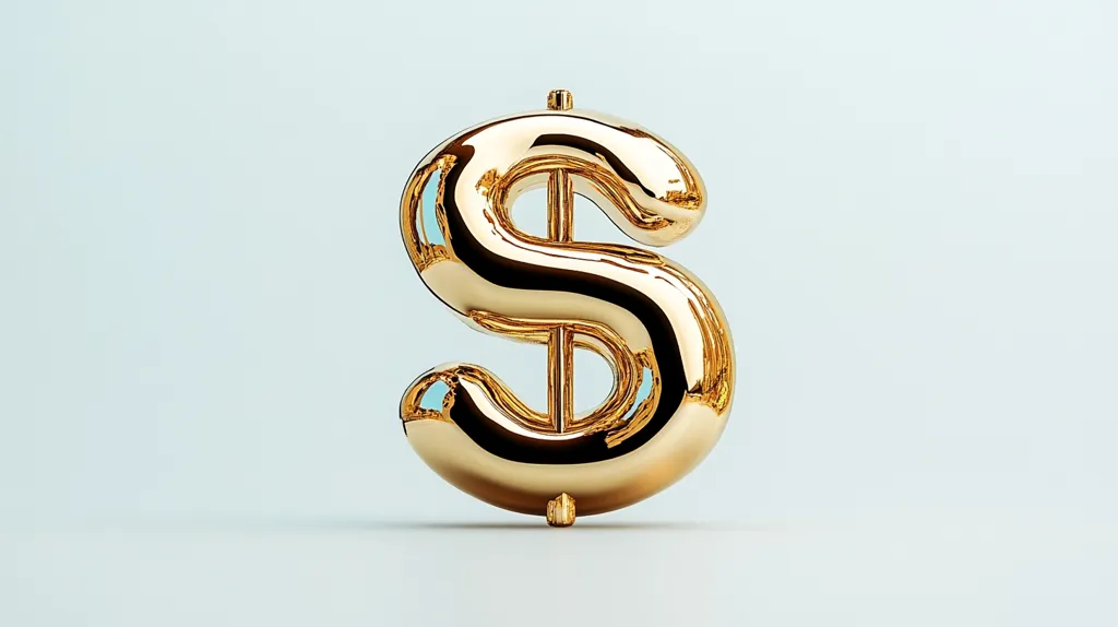 The image shows a golden dollar sign balloon, isolated against a light blue background. The balloon is inflated to a full, round shape, with a glossy finish that reflects the light. The dollar sign is rendered in a classic, recognizable design. The simplicity of the image and the shiny, gold material give it a luxurious feel.