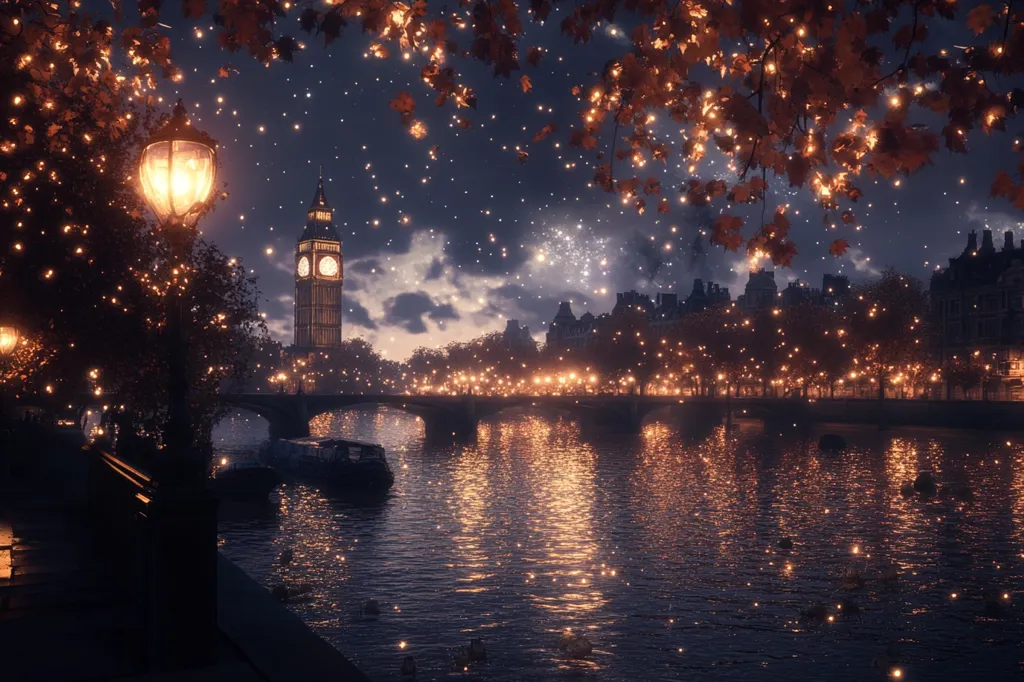 The image depicts a nighttime scene of a city with a river running through it. Big Ben is in the distance, lit up, with the river reflecting the lights of the city. The branches of a tree, adorned with twinkling lights, frame the scene, adding a magical touch. The sky is filled with stars, mirroring the city lights below. The entire image evokes a sense of peace and tranquility.