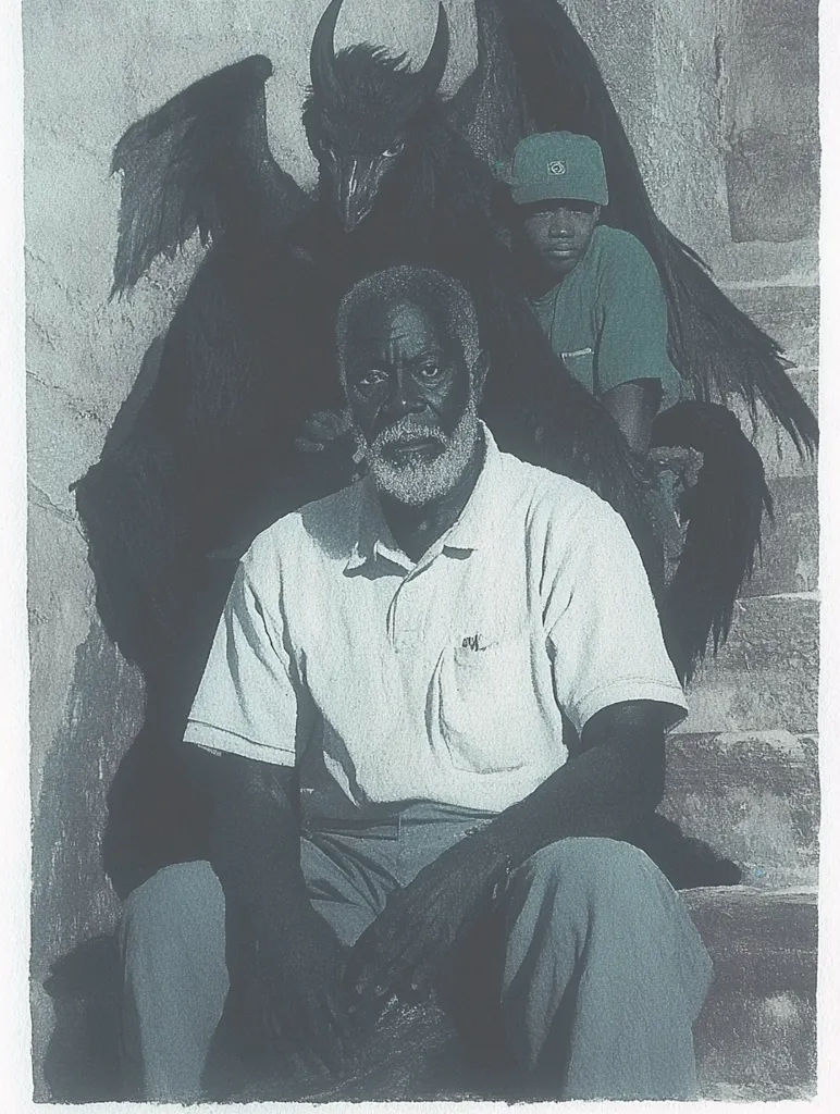 The image depicts a black and white photo of an older African-American man sitting on some stairs with a shadowy figure behind him. The shadowed figure looks like a demon or devil with wings. The man appears to be staring off into the distance with a contemplative expression. The image is likely meant to be symbolic, suggesting the man is facing a difficult challenge in life.  The image's dark tone reinforces the seriousness of the man's situation.  The overall feel of the image is one of contemplation and uncertainty.