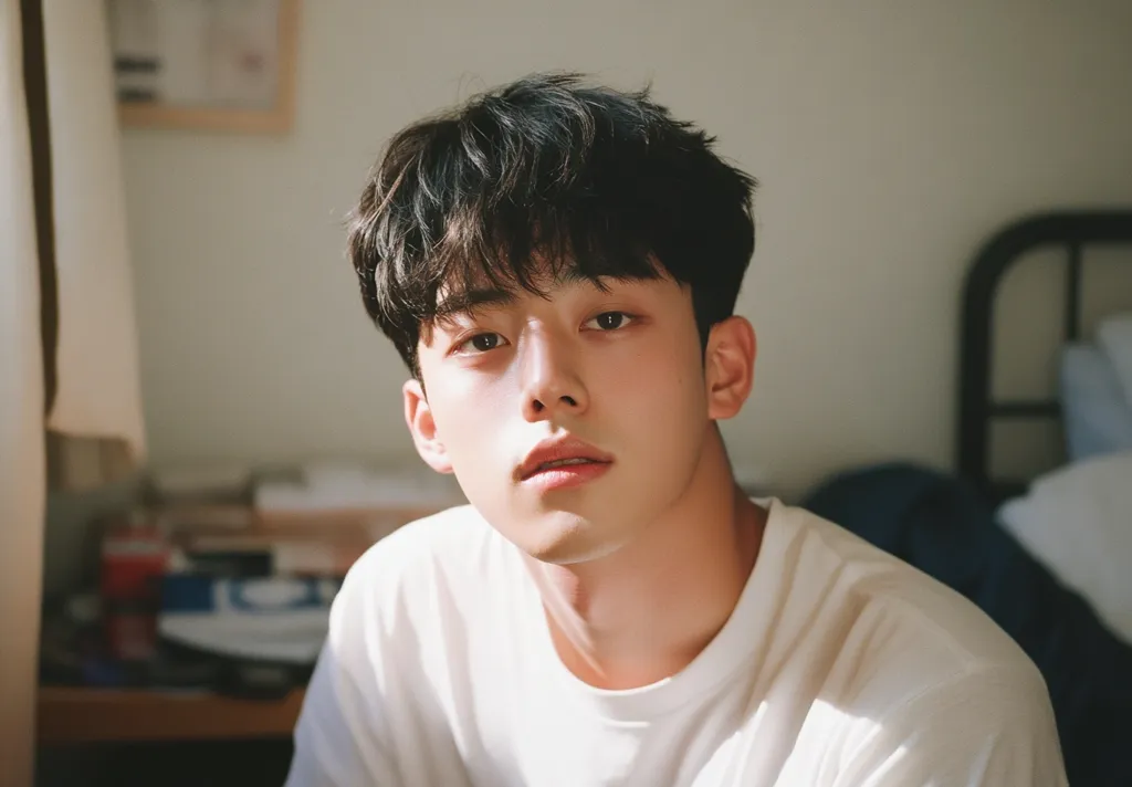 A young man with dark hair is looking directly at the camera. He is wearing a white t-shirt and sitting in what appears to be a bedroom. Sunlight is streaming in from the left, illuminating the man's face and creating a warm and intimate mood. The background is out of focus, suggesting a sense of intimacy and closeness.  The image captures a sense of youthfulness and natural beauty.