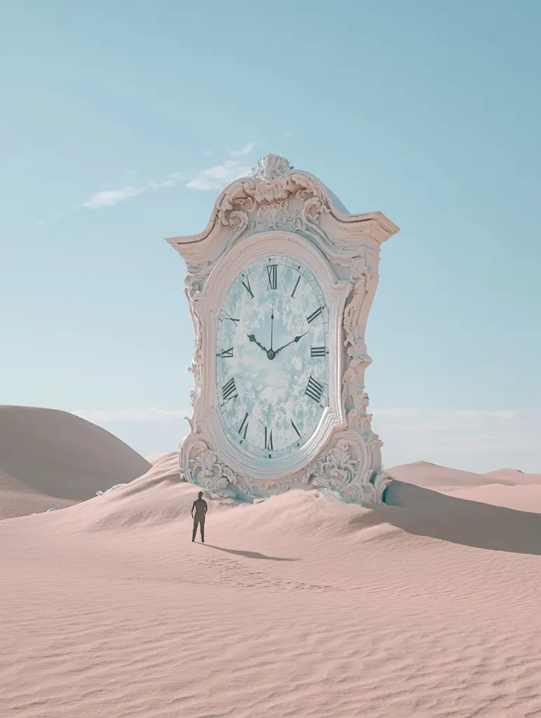 A large, ornate clock face, partially buried in a desert landscape, is the focal point of this surreal image. The clock is crafted in a classic style with Roman numerals and intricate detailing. A lone figure stands in the sand, seemingly dwarfed by the imposing clock, creating a sense of scale and the passage of time. The soft, pastel colors and hazy atmosphere add to the dreamlike quality of the scene.
