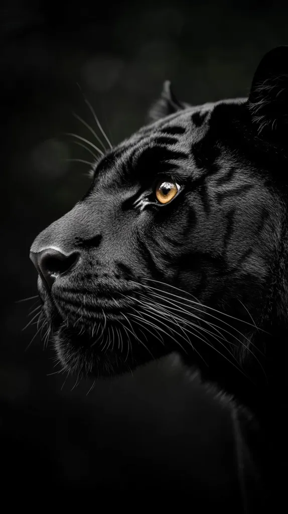 The image shows a close-up of a black panther's face. The panther's fur is black and sleek, with a few white whiskers visible. Its eye is a bright yellow, contrasting against its dark fur. The panther's expression is alert and intense. The background is dark, creating a sense of mystery and power.