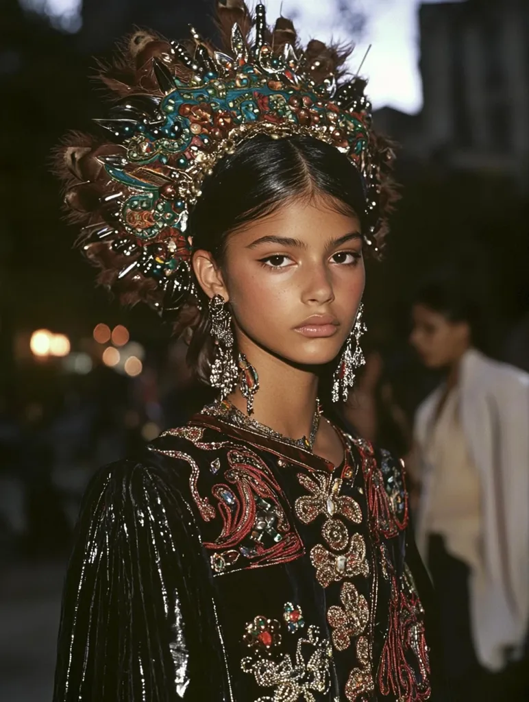 A young woman with dark hair is wearing a large, elaborate jeweled crown with feathers.  The crown is adorned with silver and gold accents and turquoise gems. She has on a black, beaded jacket with red and gold embroidery. The woman's makeup is soft and natural with a hint of eyeliner. She is looking directly at the camera. The background is blurred with a person out of focus to the right.