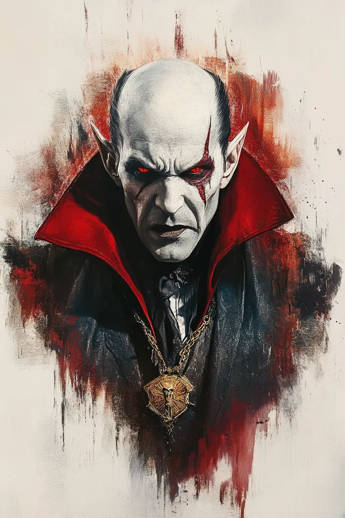 The image is a digital painting of a vampire. The vampire has pale skin, red eyes, and a scar running down his face. He is wearing a black cloak with a red lining and a gold chain with a pendant around his neck. The background is a white canvas with a splatter of red paint, giving the image a dramatic effect. The vampire's expression is menacing, and the overall atmosphere of the painting is dark and brooding.