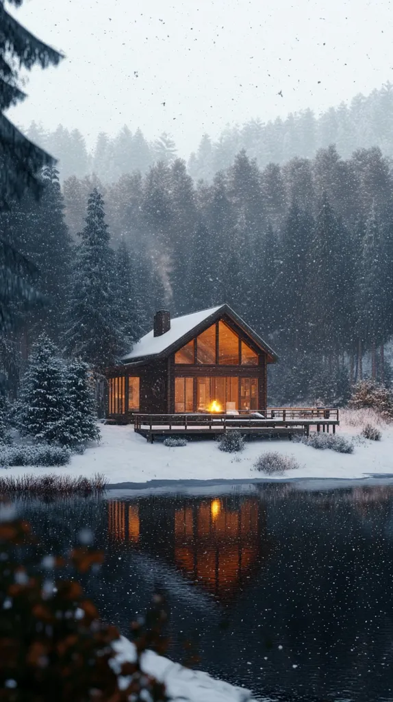 A cozy wooden cabin with large windows sits nestled in a snowy forest. The cabin is illuminated by a warm fire inside, creating a welcoming glow. The surrounding trees are covered in a layer of snow, and the ground is blanketed in white. A frozen lake reflects the warm light from the cabin, creating a peaceful and serene winter scene. The image evokes a sense of warmth and tranquility.
