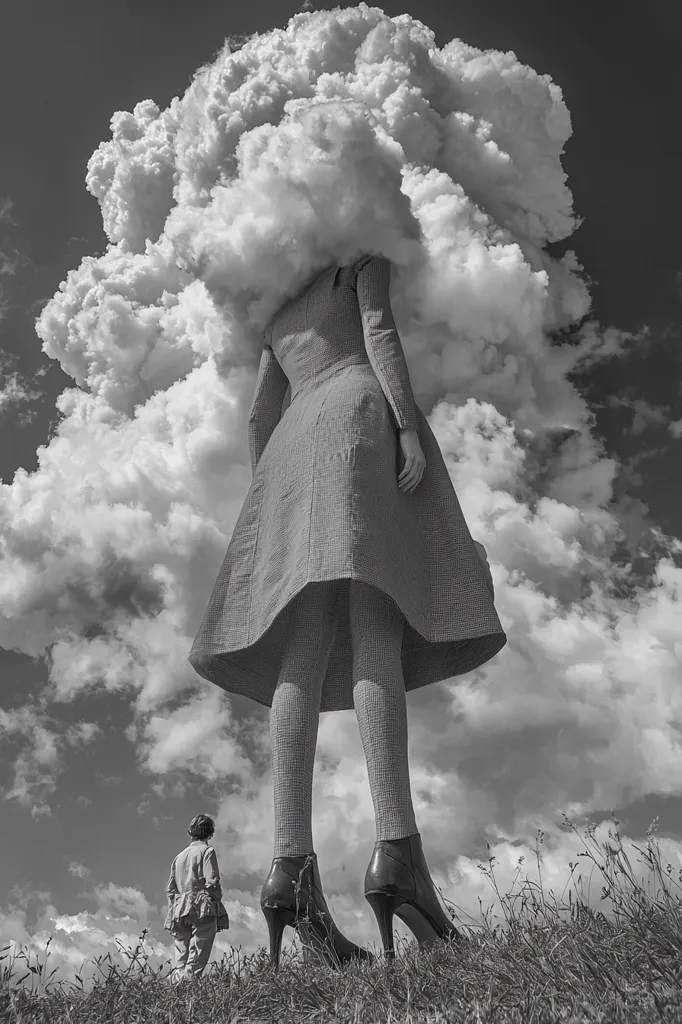 The image depicts a woman standing tall, her head replaced by a large fluffy cloud. She wears a dress and high heels. A smaller figure, possibly a child, looks up at her from the grassy ground below. The sky is filled with fluffy clouds, creating a sense of whimsical wonder. The black and white tones enhance the surreal and dreamlike atmosphere.