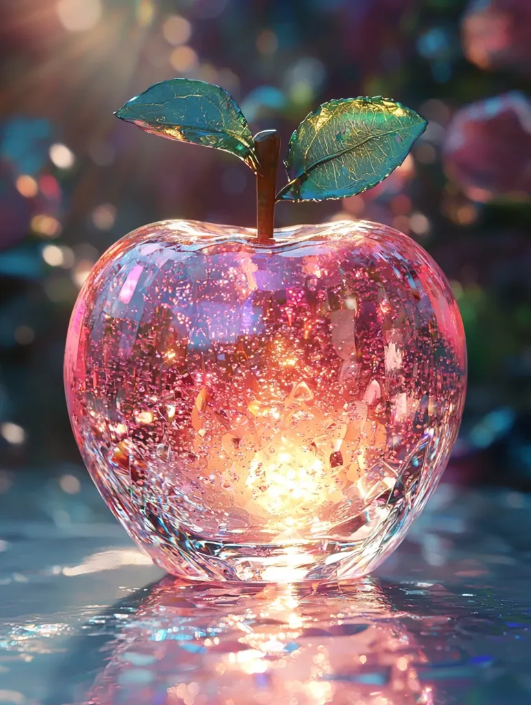 A glass apple, crafted with a delicate and intricate design, shimmers in the soft glow of a warm light source. Its translucent pink hue and trapped air bubbles create a whimsical and enchanting effect. The green leaves atop the apple add a touch of nature to this surreal and captivating piece. The light reflects off the surface, casting a warm glow on the surrounding environment.
