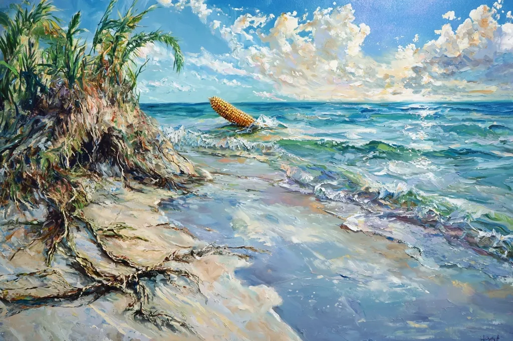 A painting of a beach scene with a single ear of corn floating in the water. The beach is sandy with a clump of green foliage on the left side. The water is a beautiful blue with white foam and a few green waves. The sky is a bright blue with fluffy white clouds. It's a peaceful, idyllic scene.