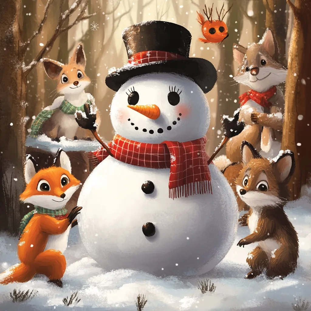 A cheerful snowman with a black top hat and red plaid scarf stands in a snowy forest surrounded by four friendly foxes.  One fox stands behind the snowman, while the other three stand to the side,  looking at the snowman with smiles. The snow is falling gently, and the atmosphere is warm and inviting.