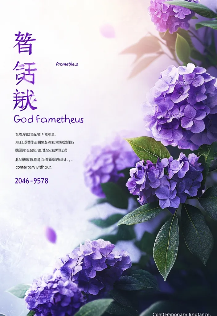 The image features a beautiful cluster of purple hydrangea flowers in bloom, set against a soft, blurred background. The flowers are vibrant and delicate, with intricate details on each petal. The image has a peaceful and serene quality, highlighting the beauty of nature. The text "God fametheus" is prominently displayed, suggesting a connection to mythology or religion. The overall aesthetic is elegant and sophisticated, with a focus on the natural world.