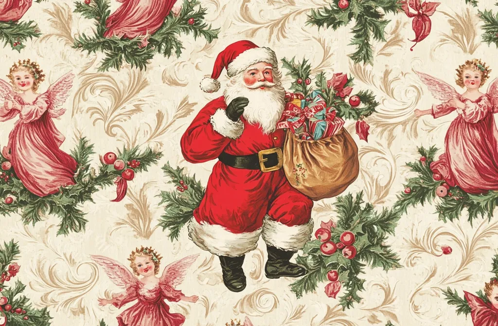 The image is a vintage Christmas design featuring Santa Claus in a red suit carrying a sack full of presents.  He is surrounded by angels and holly sprigs. The background is a cream color with gold accents.  The design appears to be from the late 19th or early 20th century.