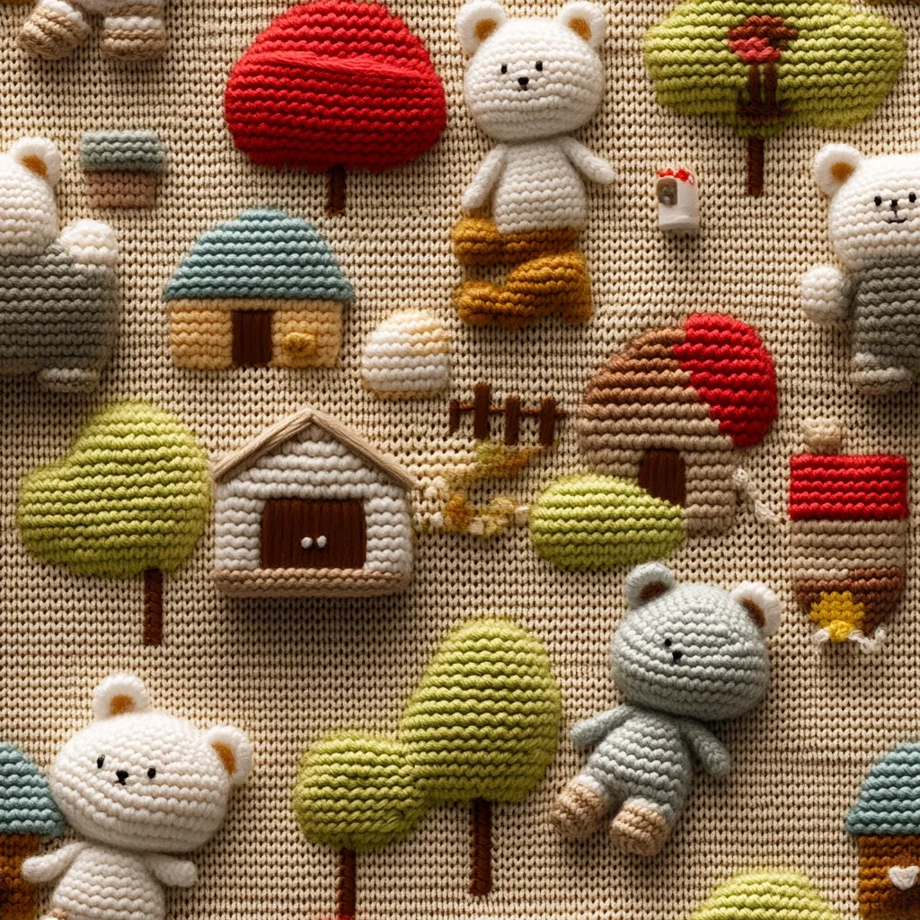 A knitted blanket with a whimsical design. The pattern features various crocheted objects, such as houses, trees, bears, and mushrooms. Each object is textured and stands out against the soft beige background. The blanket has a charming handmade appeal with a playful and comforting aesthetic.