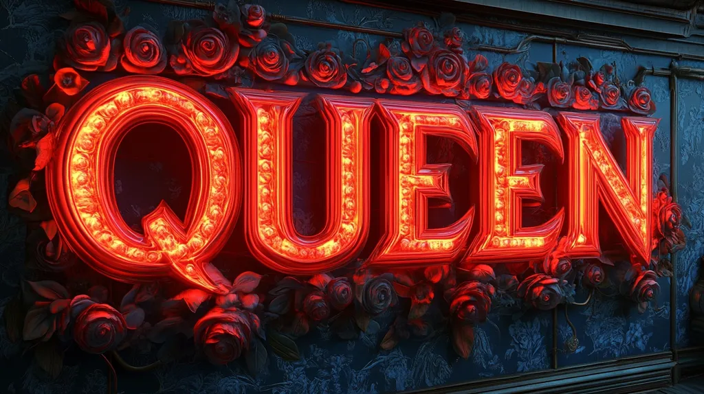 A red neon sign spelling "QUEEN" is framed by a dark blue and gold background adorned with intricate floral carvings. The sign is outlined with glowing bulbs, casting a warm, inviting glow on the intricate detail. The overall effect is a blend of vintage glamour and rock 'n' roll energy.