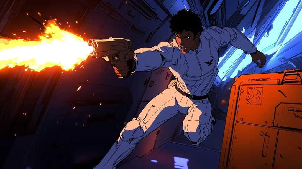 A man in a white jumpsuit fires a weapon, a stream of fire erupting from the barrel, in a futuristic, sci-fi setting. He runs through a narrow corridor, a large, orange box on the right. The scene is lit in vibrant, contrasting colors, creating a dynamic and action-packed atmosphere.  The man's expression is intense and focused as he fights.