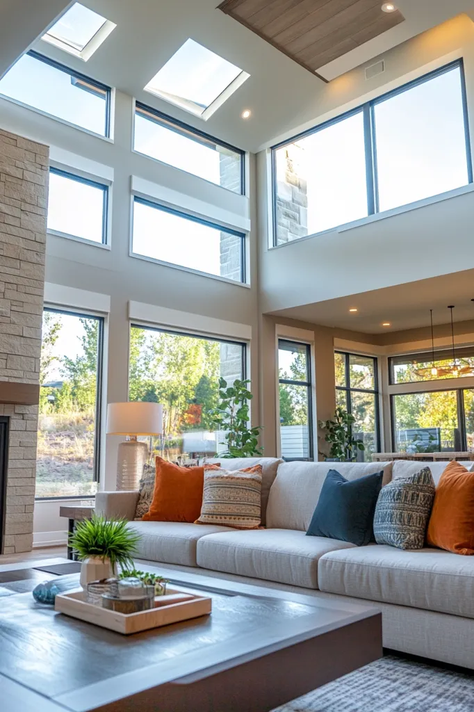 The image shows a spacious living room with large windows that provide ample natural light.  The room features a comfortable white sofa with colorful throw pillows, a coffee table, a small plant, and a fireplace. The room is decorated in a modern style with a focus on clean lines and natural materials.  The windows offer views of lush greenery outside.  The room has a warm and inviting atmosphere, perfect for relaxing and entertaining guests.