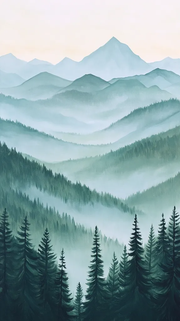A watercolor painting depicts a serene mountain landscape. Layers of misty, green hills stretch towards the horizon, culminating in a distant peak. The foreground features a cluster of tall, dark pines, their silhouettes stark against the soft, ethereal backdrop. The painting evokes a sense of tranquility and solitude, inviting the viewer to imagine the quiet beauty of the natural world.