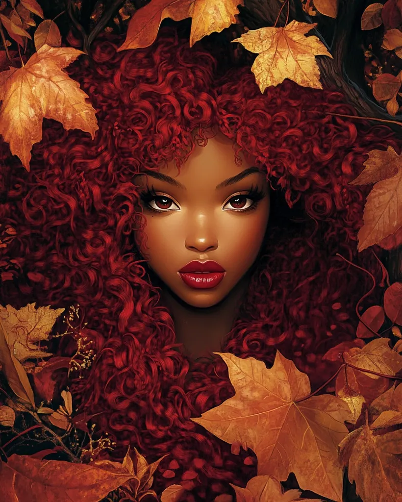 A close-up portrait of a woman with fiery red curly hair, framed by autumn leaves in shades of orange and brown. Her dark brown skin is highlighted by vibrant red lips and intense, expressive eyes. The image creates a sense of warmth, beauty, and the changing seasons.