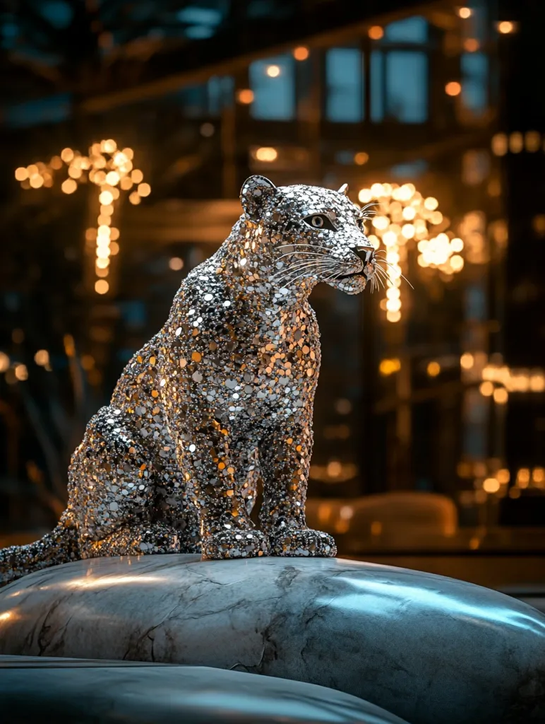 A silver, sparkling sculpture of a leopard sits on a smooth, grey, oval-shaped base. The sculpture is made of numerous small, metallic pieces, creating a textured and shimmering effect. The leopard's pose is relaxed and graceful, with its head turned slightly to the side. The background is blurred and out of focus, suggesting an indoor setting with warm, ambient lighting. The sculpture is bathed in a soft, golden glow, highlighting its intricate details.