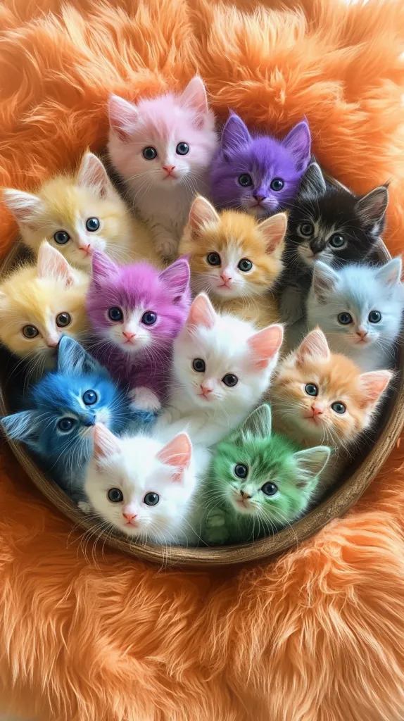 A group of 12 adorable kittens, each with a different colored fur, are huddled together in a wicker basket. They are surrounded by a fluffy orange rug. The kittens are all looking at the camera with their big, innocent eyes. The image is a heartwarming and playful scene.  The kittens appear to be very young and fluffy, their eyes are wide and curious. They are all snuggled together, which makes them look even more adorable.