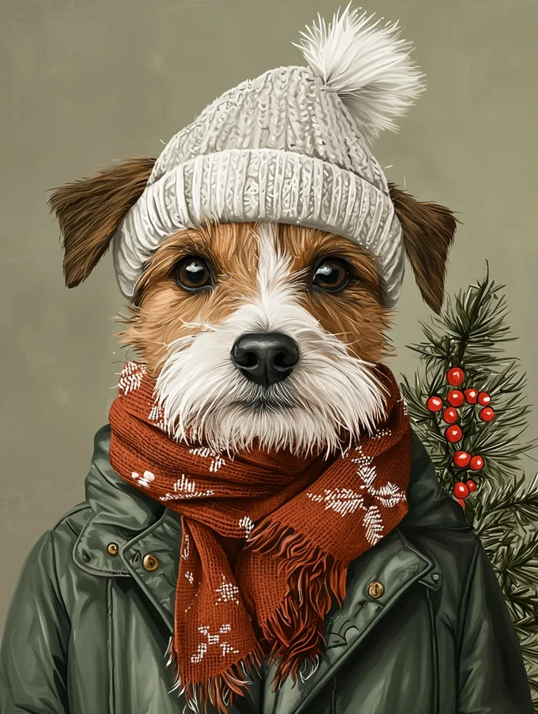 A Jack Russell Terrier dog is dressed in winter clothing, including a white knit beanie with a pom-pom, a red and white scarf, and a green jacket. The dog is looking directly at the viewer with a serious expression, and its fur is neatly groomed.  The dog is standing in front of a branch of a pine tree with red berries. The background is a muted green color.  The dog is portrayed in an almost human-like way, emphasizing its personality and intelligence.