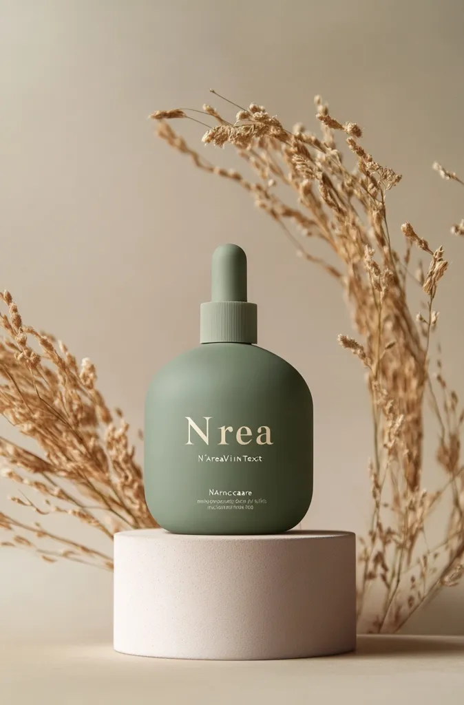 A green glass bottle with a dropper top is sitting on a white cylindrical platform. It is labeled "Nrea" and "N'AreaViN Text". The bottle is surrounded by dried, light brown grass-like plants. The background is a simple, light beige. The image is likely a product advertisement or a minimalist design.  The bottle is a neutral color,  so the focus is on the product name and the design.