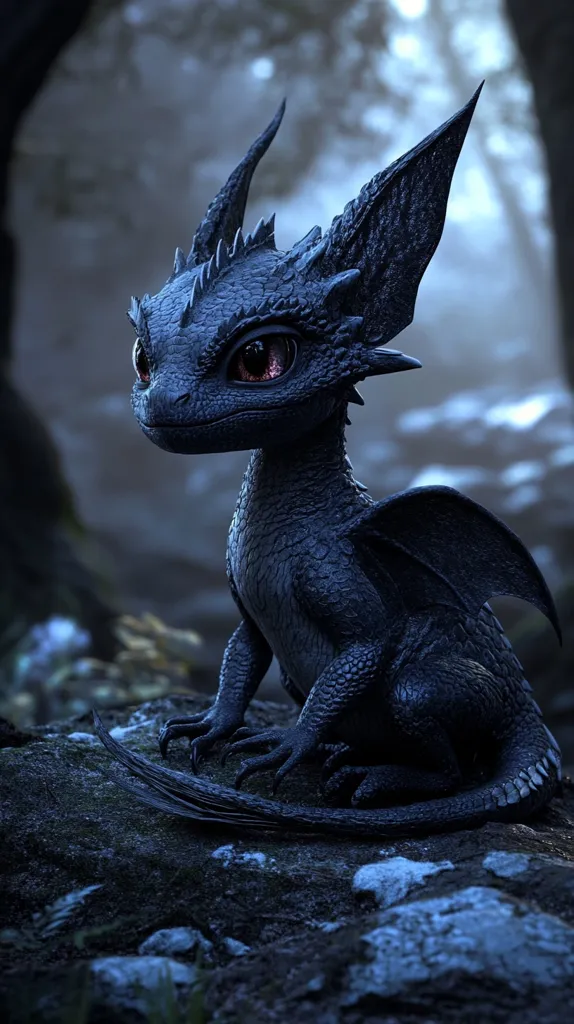 A small, black dragon with large, orange eyes sits on a rock in a shadowy forest. Its wings are spread out behind it, and its tail is curled around its legs. The dragon's scales are shiny and smooth, and its expression is curious and alert. The background is blurry and out of focus, suggesting a mysterious and magical setting.  The dragon's bright eyes and overall posture convey a sense of wonder and playfulness.  The image evokes a sense of mystery and fantasy.