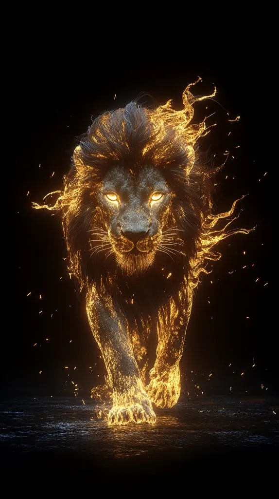 The image depicts a lion rendered in a striking style. It is composed of glowing, ethereal lines that create a fiery and almost spectral appearance. The lion's intense gaze and powerful stance, captured against a dark background, radiate an aura of strength and majesty. The overall effect is both mesmerizing and slightly unsettling, blending the natural world with a surreal, otherworldly quality.