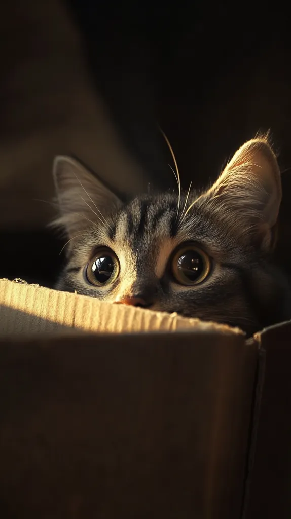 A tabby cat with large, round eyes peeks out from behind a cardboard box. Its fur is a mixture of brown, black, and white, and its whiskers are prominent. The cat's eyes are wide and alert, suggesting curiosity or perhaps a playful mischief. The lighting is soft and warm, casting shadows on the cat's face and highlighting its eyes. The image captures a moment of feline intrigue and playful energy.