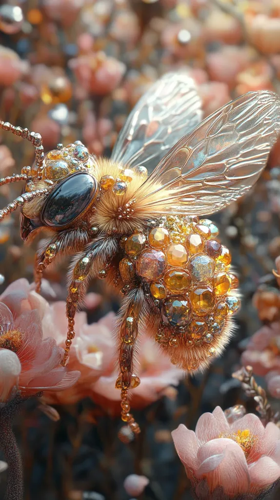 A close-up of a bee adorned with sparkling jewels, perched on a delicate pink flower. The bee's wings are translucent, catching the light, while its body is covered in iridescent gemstones. The surrounding flowers are soft and blurred, creating a dreamy, ethereal atmosphere.