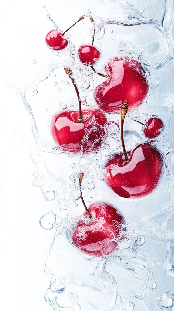 Several red cherries are submerged in water, creating a dynamic splash with bubbles and swirling water. The cherries are vibrant and plump, with their stems and leaves partially visible. The image captures the beauty of fresh fruit and the energy of water.