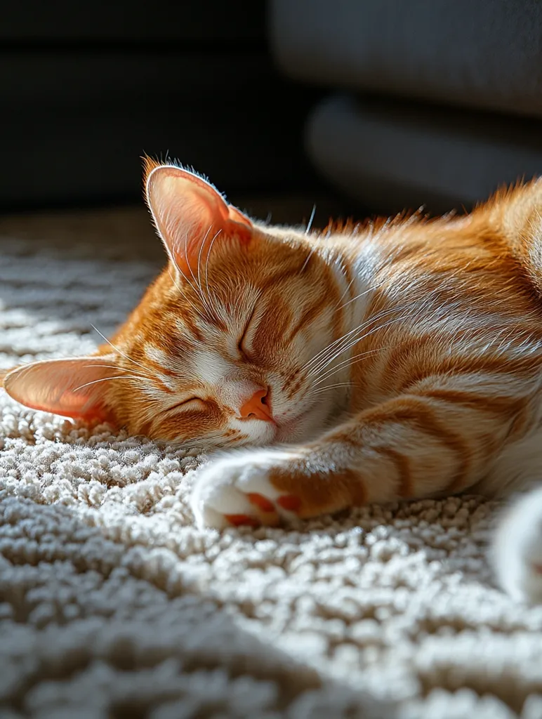 A ginger and white cat with closed eyes is peacefully sleeping on a soft, white carpet. Its paws are curled up under its body, and its whiskers are twitching slightly. The cat's fur is soft and fluffy, and the light from a nearby window illuminates its face. The cat is clearly enjoying a peaceful nap in a comfortable setting.