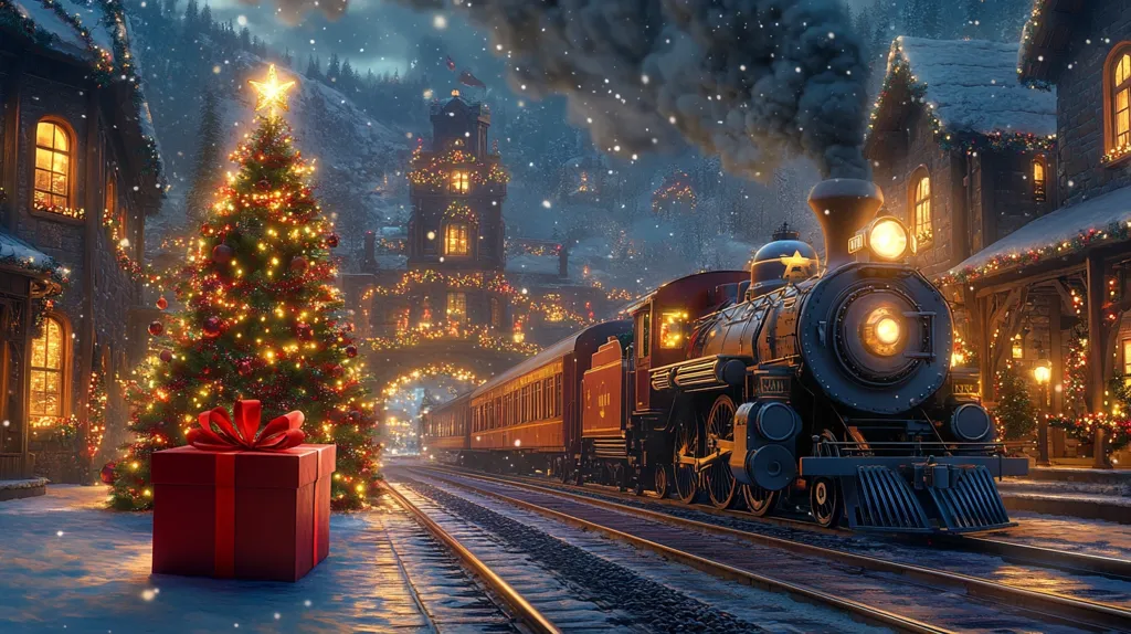 A steam train pulls into a snowy, festive town. The train is illuminated by its own bright lights, contrasting with the soft glow of the Christmas lights adorning the buildings. A large, decorated Christmas tree stands in the foreground, with a red gift box nestled beneath its branches. Snow falls softly, adding to the magical atmosphere of the scene.