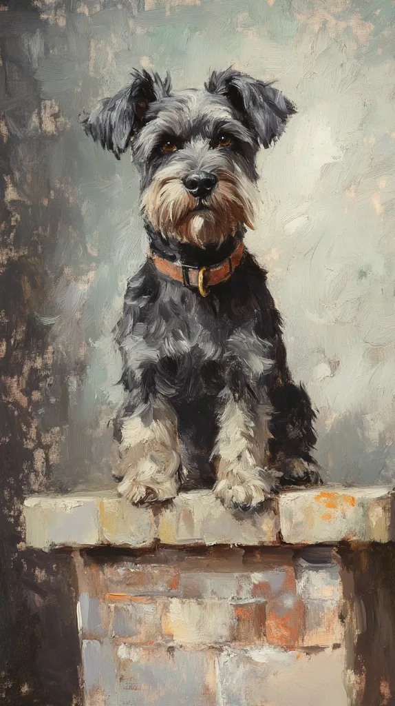 A black and white miniature schnauzer sits on top of a brick chimney. The dog is looking directly at the viewer, with a serious expression. The background is a light gray, with hints of green and brown. The painting is done in a realistic style, with a focus on detail. The dog's fur is particularly well-rendered, with a sense of texture.  The chimney is also depicted in detail, with visible bricks and mortar.