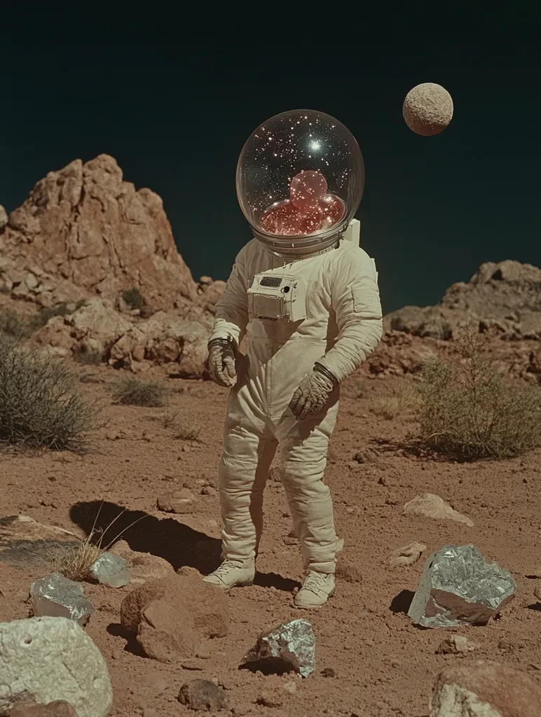 An astronaut stands on a red desert planet, gazing up at a starry sky reflected in their helmet. The landscape is barren and rocky, with a small, rocky moon in the distance. The astronaut's suit is white, their gloves are off, and they seem to be exploring the alien world.