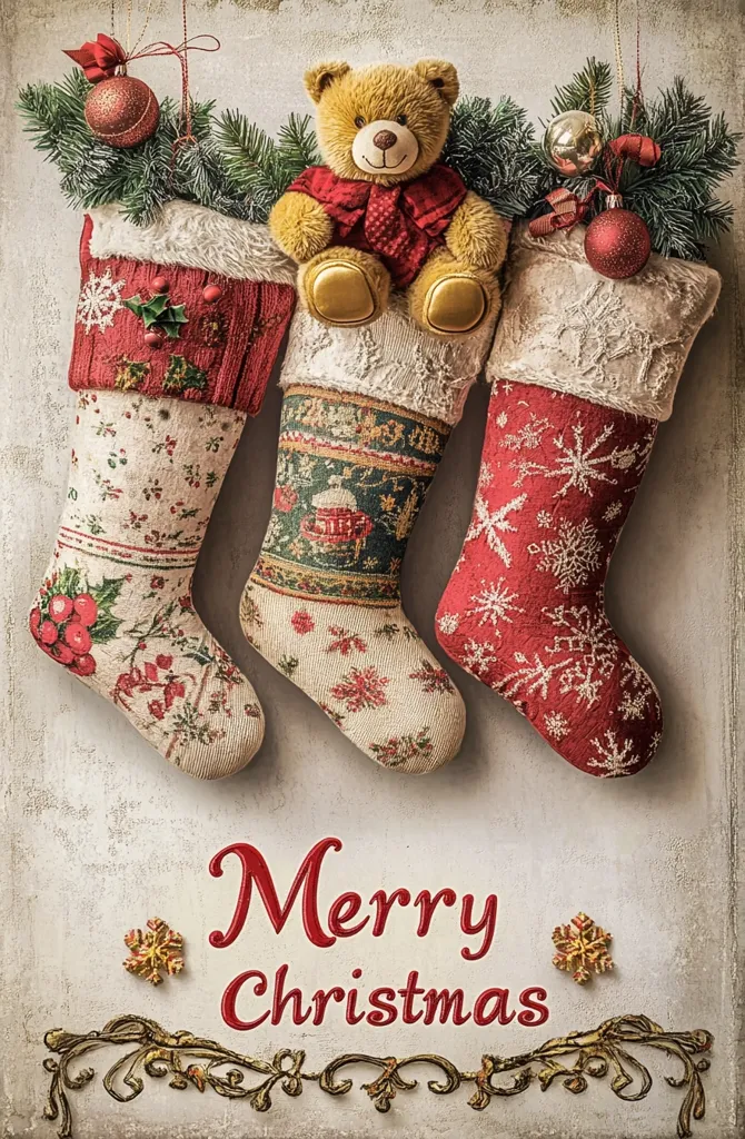 Three Christmas stockings hang against a rustic background.  A teddy bear sits inside the center stocking.  The stockings are decorated with festive patterns and ornaments, and the text "Merry Christmas" is written in a stylized font below.  The image evokes a warm and cozy holiday feeling.
