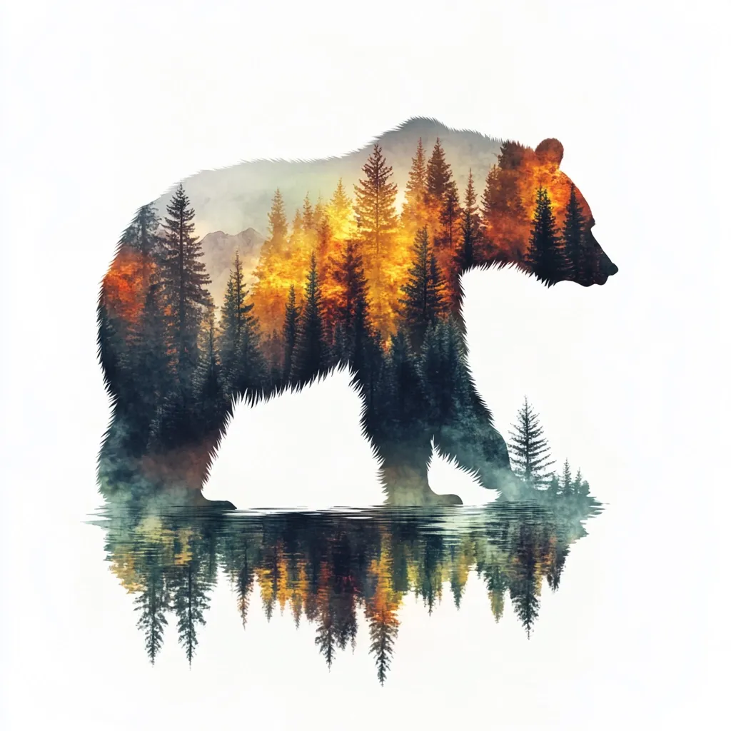 The image depicts a bear silhouette with a forest landscape inside it. The forest is ablaze with orange and yellow hues, suggesting a sunset or fire. The bear is standing in a body of water, and its reflection is visible below. The image creates a sense of mystery and wonder, as the bear and the forest seem to blend together. The overall effect is one of beauty and tranquility.