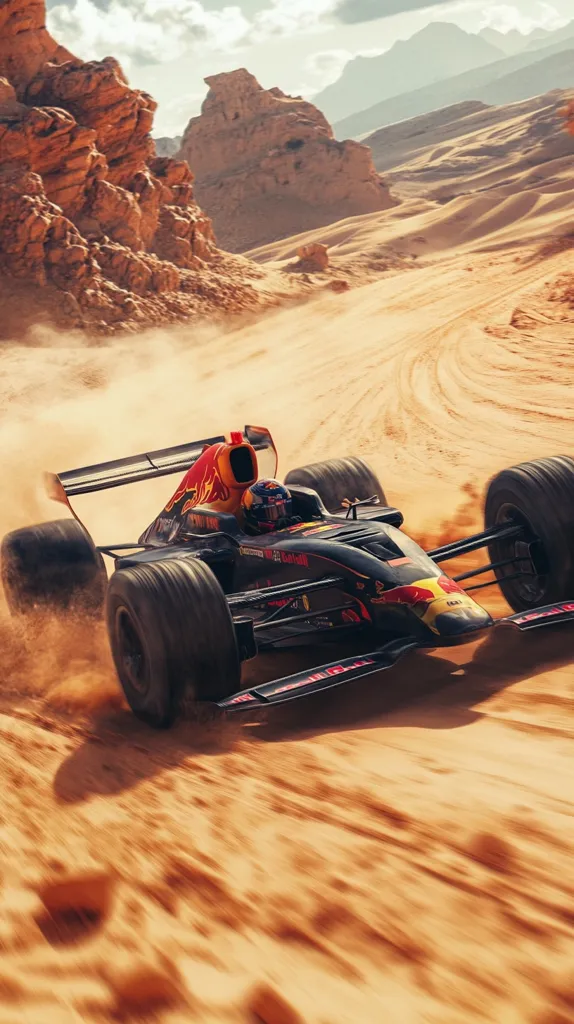 A black Formula 1 race car with red accents speeds through a sandy desert. The car kicks up dust as it races around a bend. The car is in focus, while the background of rock formations and desert landscape is blurred by the car's speed. The bright sky is visible above.