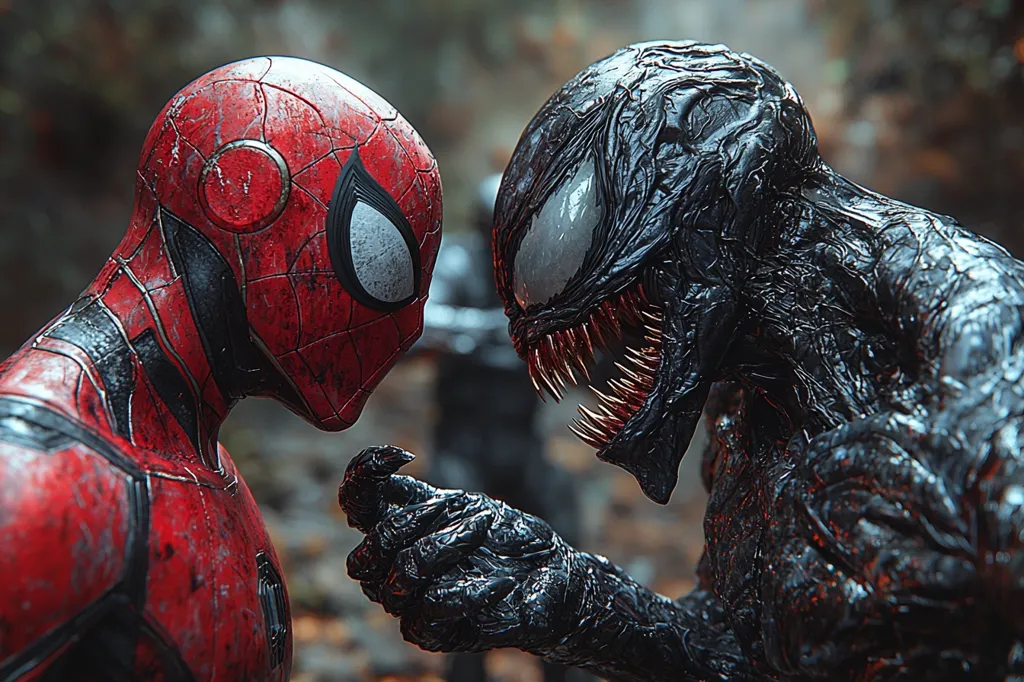 The image shows a close-up of Spider-Man and Venom facing each other. Spider-Man is on the left, wearing his red and black suit. Venom is on the right, with his black, slimy body and sharp teeth. The two characters are in a tense standoff, with their eyes locked on each other. The background is blurred, creating a sense of focus on the two characters.  The image is rendered in a dark, gritty style.