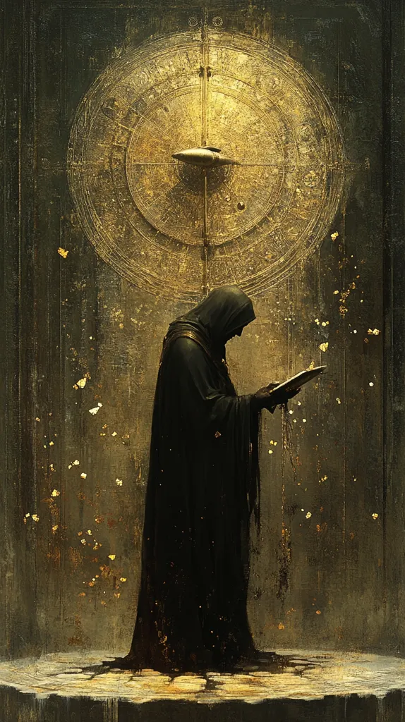 A cloaked figure stands in front of a large golden compass, its needle pointing to the right. The figure is holding a book or scroll open in their hands, and their head is bowed in contemplation. The background is a textured, dark green and gold, with small golden flecks scattered throughout. The image has a mysterious and ancient feel, suggesting a story of secrets and knowledge.