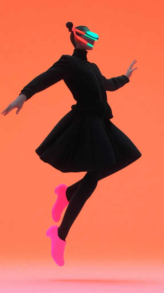 A woman wearing a black outfit and bright pink shoes leaps through the air.  She is wearing a futuristic-looking headset, and is silhouetted against an orange background. The image has a sense of motion and energy.