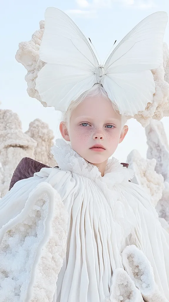 A young girl with pale skin and freckles wears a white dress and a large white butterfly as a headband. Her face is serious and her eyes are blue. The background is a white, textured landscape with many shapes and textures.  The overall image is ethereal and whimsical.