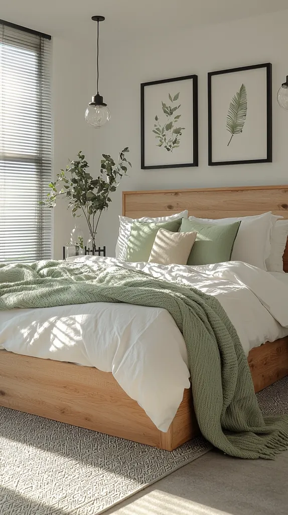 A bedroom with a wooden bed frame, white bedding, and a green knitted throw. The room has two framed botanical prints on the wall, a potted plant, and a light fixture with a glass globe shade. The bed is positioned on a patterned rug, and the room has a window with blinds. The room is bathed in natural light.