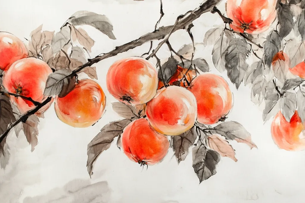 A watercolor painting depicts a branch laden with red apples. The apples are plump and juicy, with a soft, rosy glow. Delicate leaves in shades of grey and brown surround the fruit, creating a sense of tranquility and serenity. The artist's use of watercolor creates a delicate and ethereal effect, showcasing the beauty of nature in a simple yet evocative way.