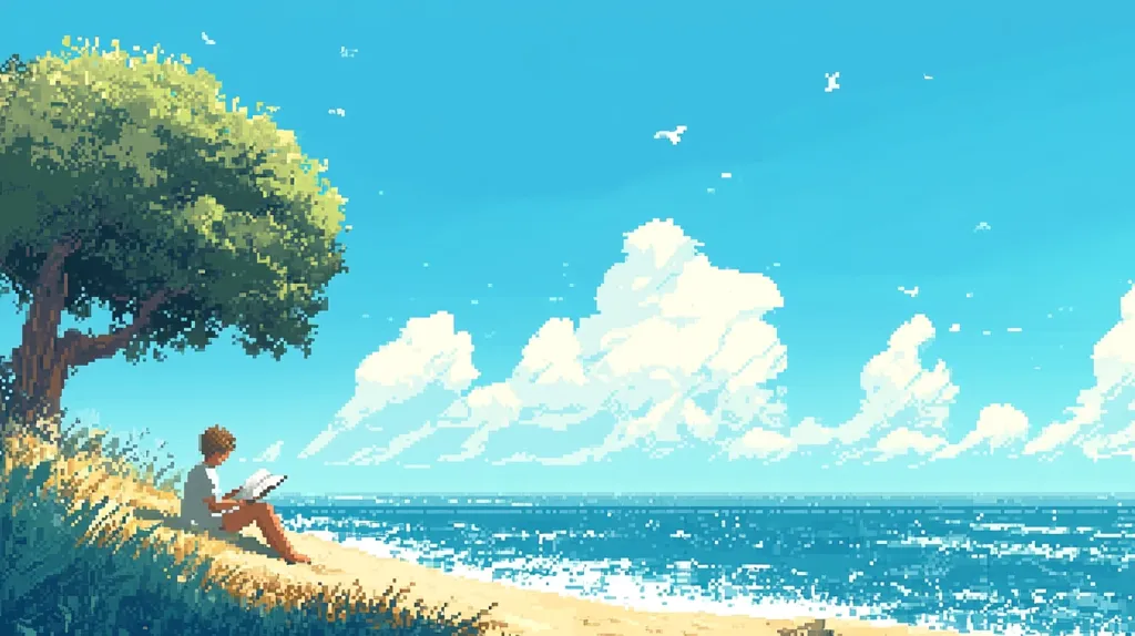 A pixelated image of a beach scene with a person sitting beneath a large tree, reading a book. The blue sky has white puffy clouds and the blue water is sparkling.  The soft sandy beach is gently lapped by the waves.  The image is filled with a serene and peaceful atmosphere.
