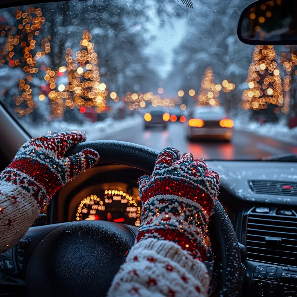 A person's hands in festive red and white knitted gloves grip the steering wheel of a car. The driver is looking out at a snowy, festive road lined with Christmas trees and twinkling lights. The snowy weather and festive decorations create a magical winter scene.  The focus on the hands and the steering wheel suggests a sense of control and anticipation.