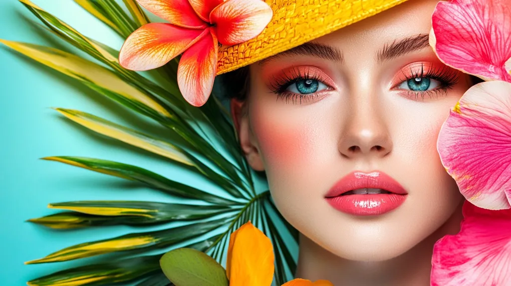 A woman with bright blue eyes and pink lips is surrounded by tropical foliage and flowers. She is wearing a yellow straw hat and her skin is flawless. The overall image evokes a sense of summer and tropical beauty.