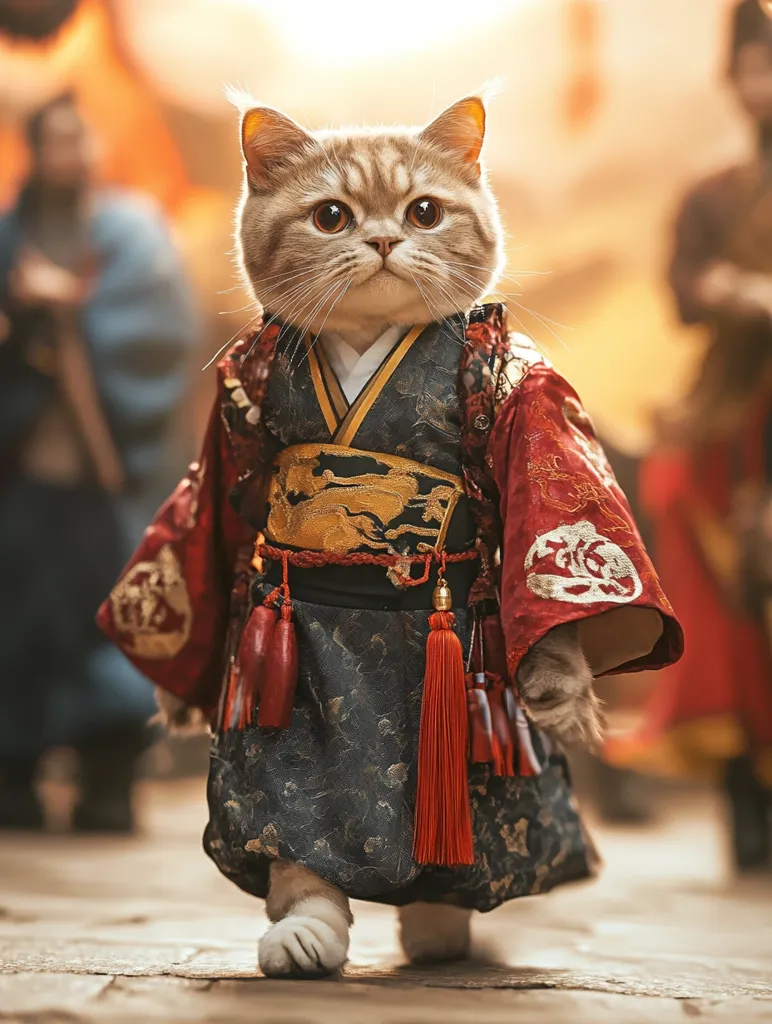 A cat is dressed in a traditional Japanese kimono, with red and gold accents. The cat looks serious and regal, its large eyes staring intently. The background is blurred, focusing on the cat and its elaborate attire. The image evokes a sense of elegance and formality.  The cat is walking towards the camera,  its paws clearly visible.
